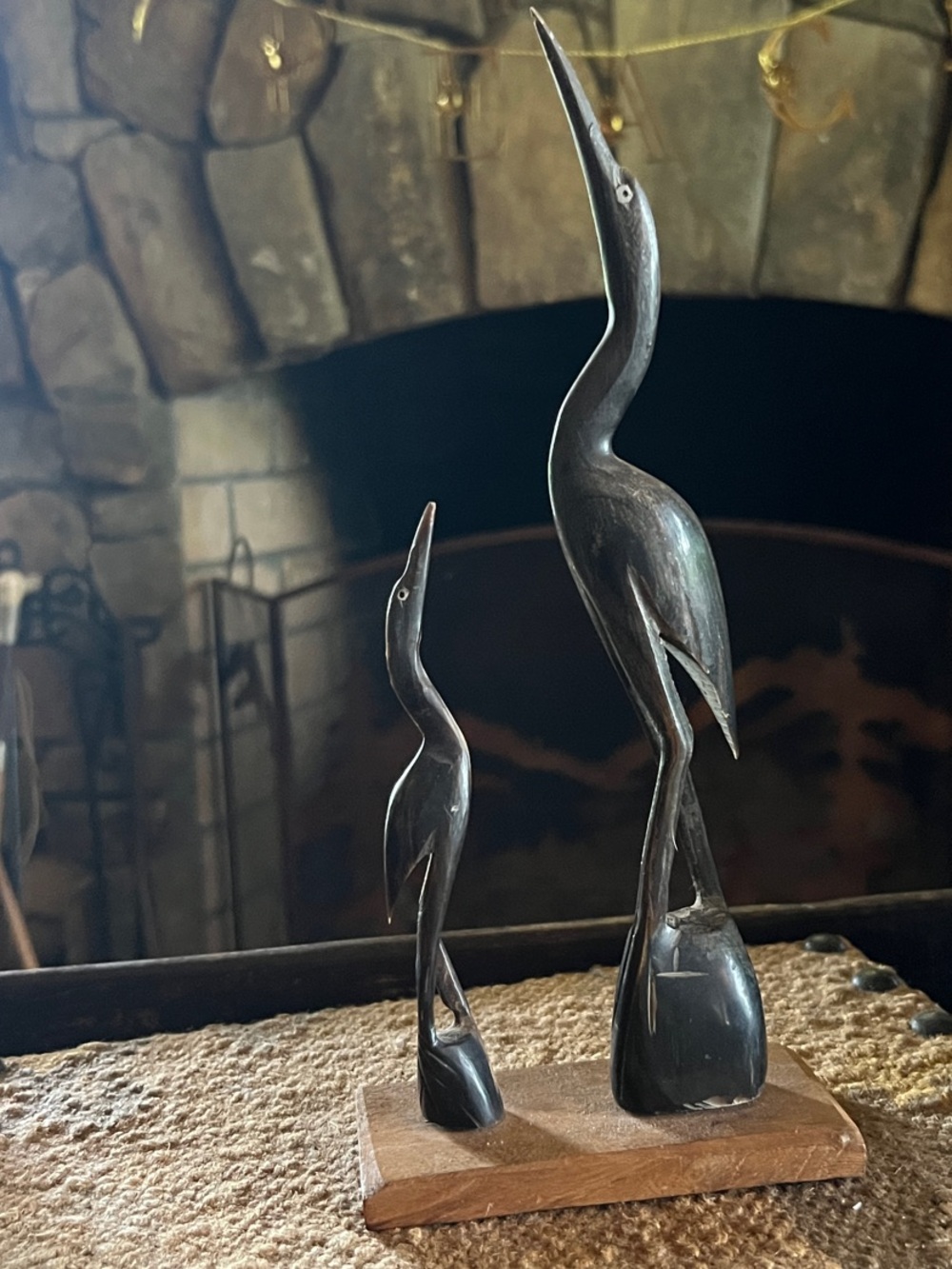 Handcrafted Black Wooden Heron Sculpture Set by